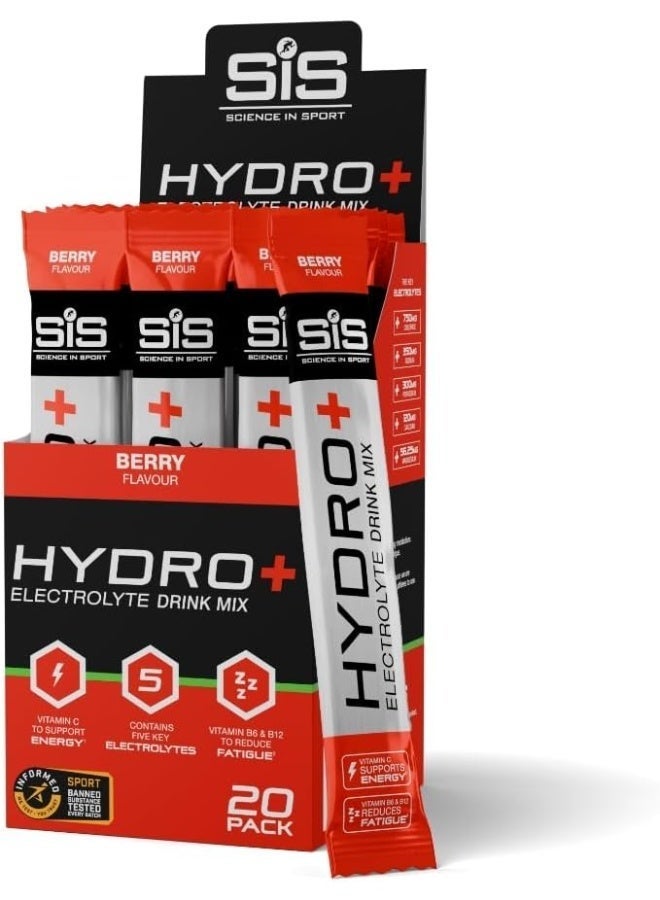 SIS HYDRO+ Electrolyte Drink Mix, BERRY FLAVOUR, Vitamin C to Support Energy¹, Contains Five Key Electrolytes, Vitamin B6 & B12 to Reduce Fatigue², Sport Banned Substance Tested Every Batch, 20 Pack - Image 1