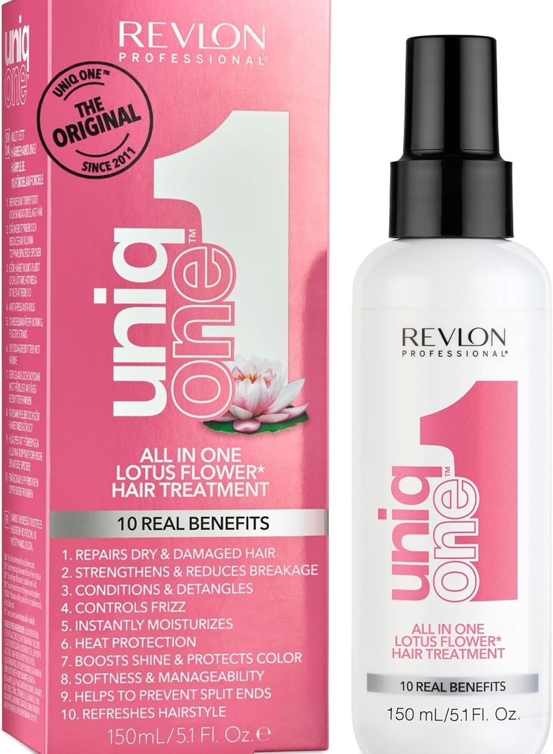 ريفلون علاج الشعر الاحترافي Uniq One، منتج مرطب يُترك على الشعر، يُصلح الشعر التالف، يُعزز صحة الشعر، برائحة زهرة اللوتس 150 مل - Image 1