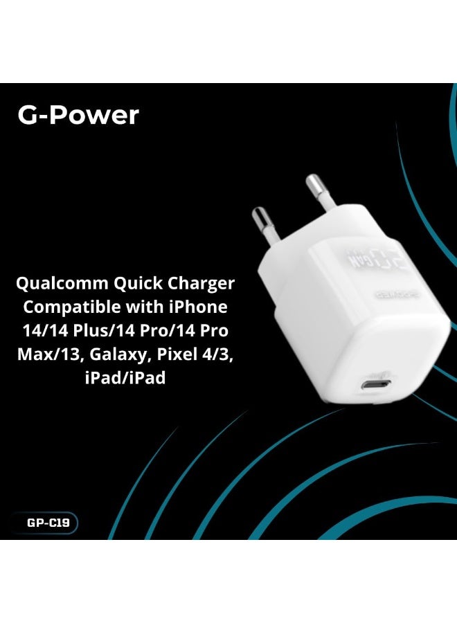 جي باور شاحن سريع G-Power GP-C19 بقوة 20 واط بمنفذ USB-C واحد، متوافق مع أجهزة iPhone 14/14 Plus/14 Pro/14 Pro Max/13، وGalaxy، وPixel 4/3، وiPad - أبيض - Image 3