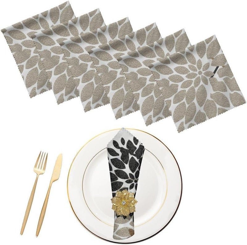 Fukeen Waterproof Dahlia Floral Cloth Table Napkins Set of 6 Summer Geometric Flower Leaves Brown Black Dinner Napkin for Family Parties Restaurant Spring Summer Holiday 20 x 20 Inch - Image 1