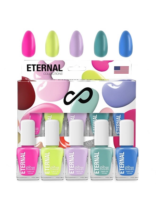 ETERNAL طقم طلاء أظافر وردي للنساء (FUN) - طقم طلاء أظافر أخضر للفتيات - طقم طلاء أظافر أزرق سريع الجفاف وطويل الأمد لتجميل الأظافر في المنزل - صنع في الولايات المتحدة الأمريكية، 13.5 مل (طقم من 5) - Image 1