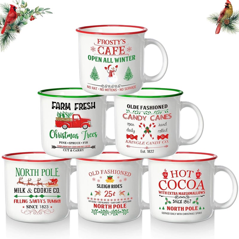 Pickmesh Christmas Coffee Mug Set of 6 14Oz Ceramic Mugs With Handle Red Green Farmhouse Cups Enamel Xmas Mugs for Winter Gift Party Supplies - Image 1
