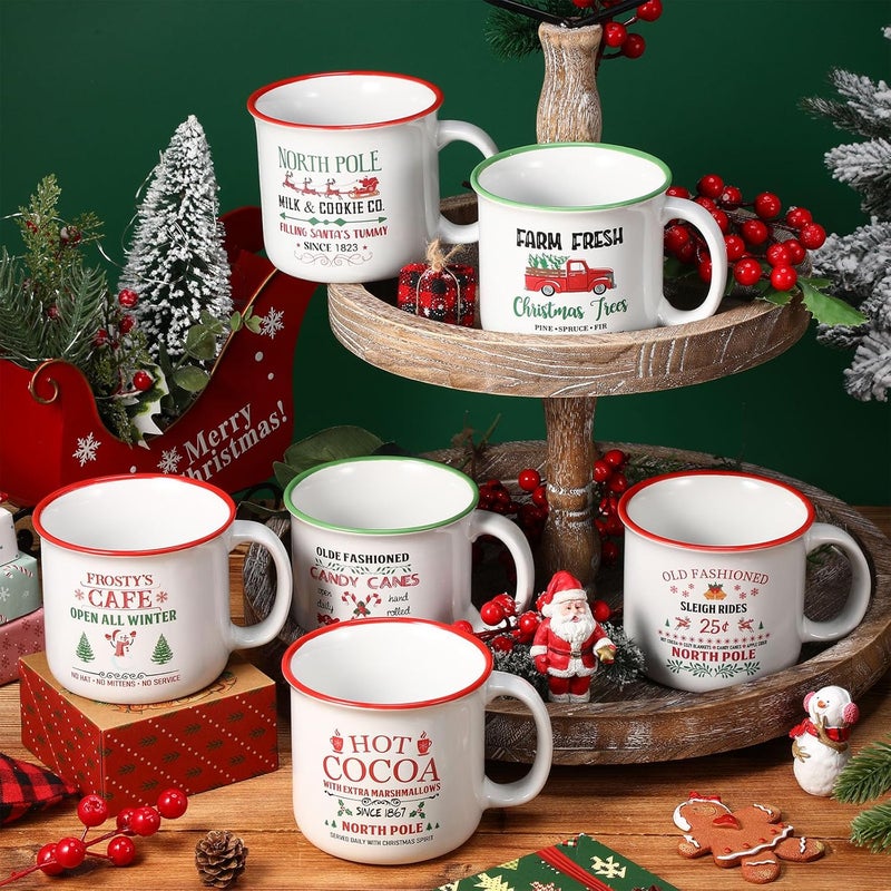 Pickmesh Christmas Coffee Mug Set of 6 14Oz Ceramic Mugs With Handle Red Green Farmhouse Cups Enamel Xmas Mugs for Winter Gift Party Supplies - Image 3