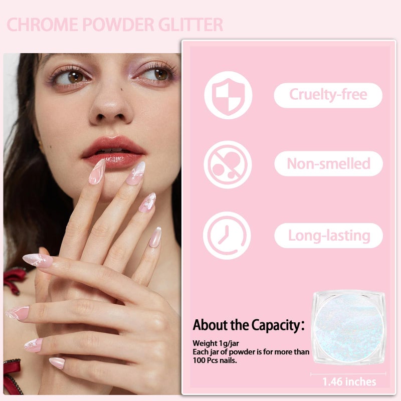 Allstarry White Pearl Chrome Nail Powder, 2 Colors Aurora Powder Metallic Mirror Effect Glitter Pearlescent Ice Transparent Mermaid Pigment Dust for Gel Polish Nail Art- White Pearl Peacock - Image 3