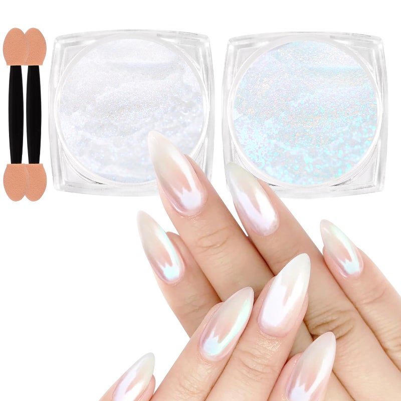 Allstarry White Pearl Chrome Nail Powder, 2 Colors Aurora Powder Metallic Mirror Effect Glitter Pearlescent Ice Transparent Mermaid Pigment Dust for Gel Polish Nail Art- White Pearl Peacock - Image 1