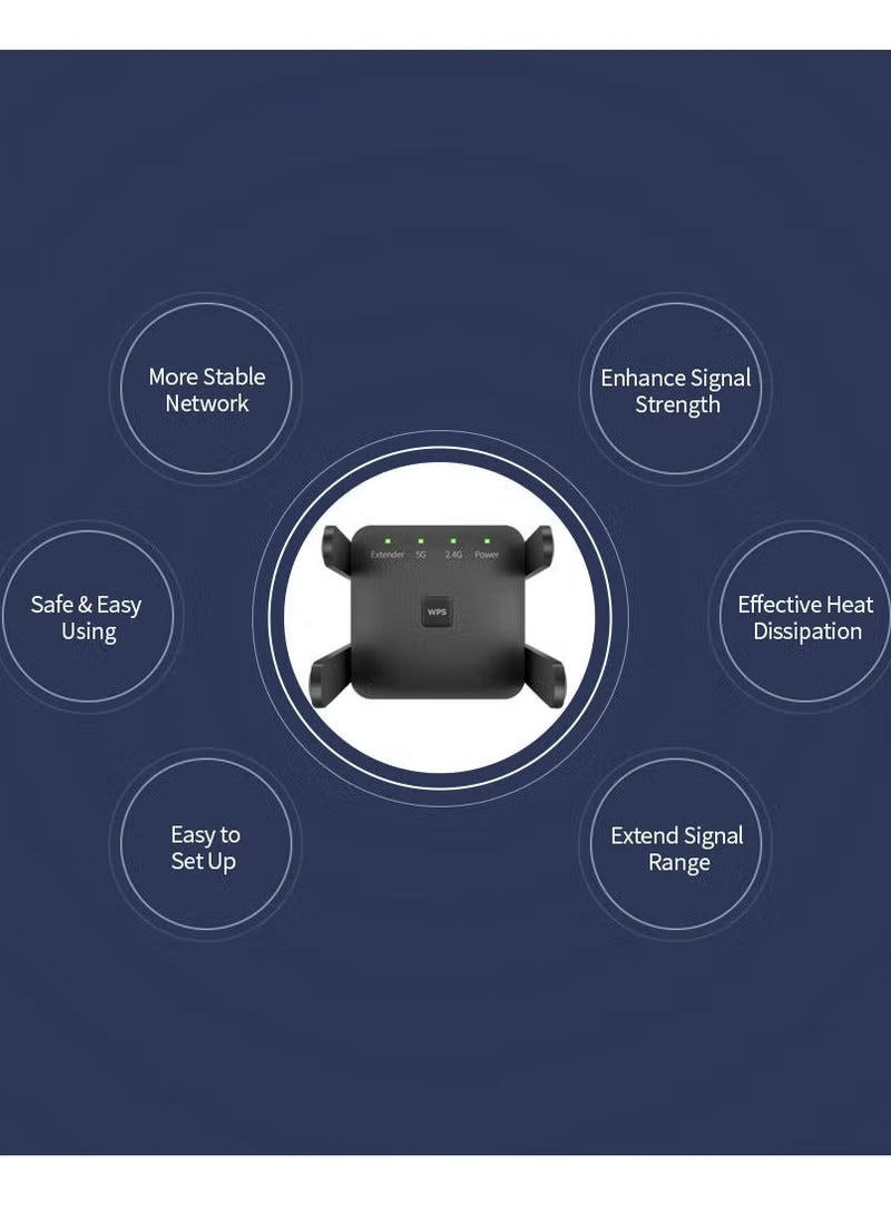 اوليو مكرر لاسلكي 1200 ميجابت في الثانية بتردد مزدوج 2.4 جيجا/5 جيجا، مضخم إشارة واي فاي، موسع نطاق واي فاي للمنزل والمكتب باللون الأسود - Image 4