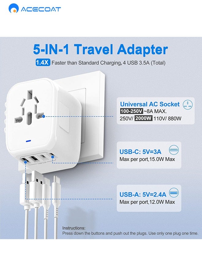 ACECOAT Universal Travel Adapter, International Plug Adapter With 2 USB Au00262 USB C Ports, European Travel Power Adapto All-in-one Travel Charger Outlet Converter for Europe US UK AUS Japan Covers 200+Countries - Image 3