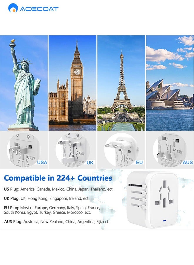 ACECOAT Universal Travel Adapter, International Plug Adapter With 2 USB Au00262 USB C Ports, European Travel Power Adapto All-in-one Travel Charger Outlet Converter for Europe US UK AUS Japan Covers 200+Countries - Image 2