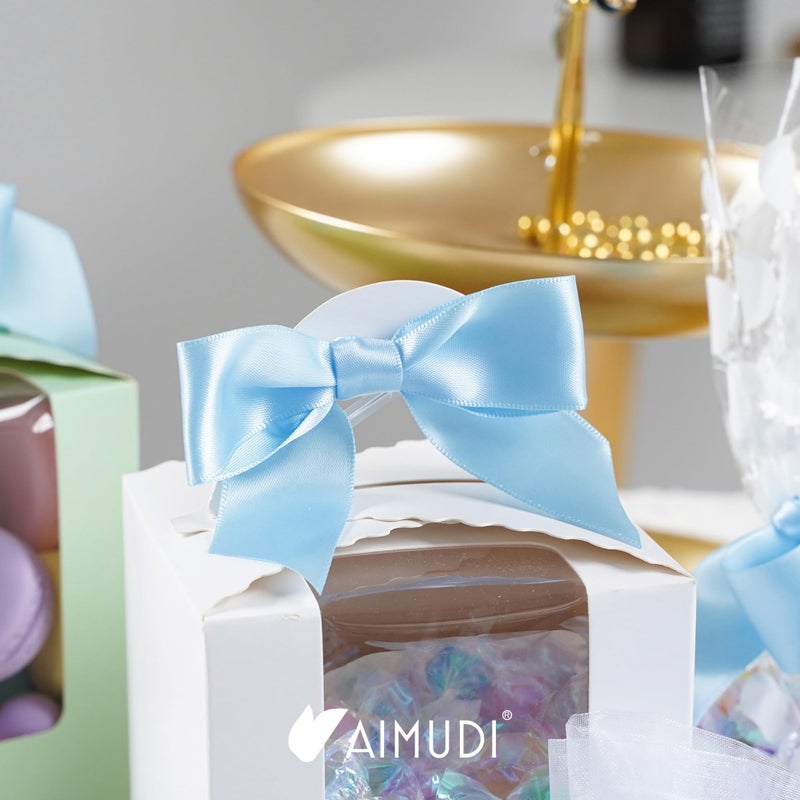 AIMUDI Light Blue Satin Ribbon Twist Tie Bows 2.5" Pretied Blue Bows for Baby Shower Premade Baby Blue Bows for Crafts Treat Bags Cake Pop Gift Wrapping Wedding Party Favors Goodie Bags - 50 Counts - Image 3