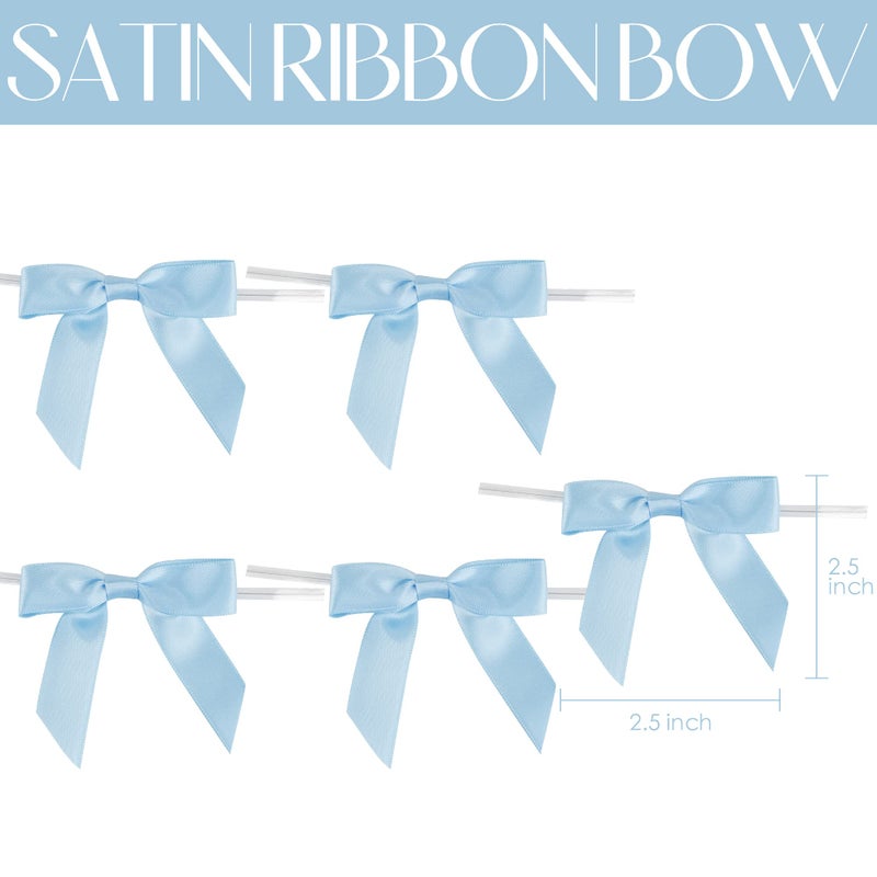AIMUDI Light Blue Satin Ribbon Twist Tie Bows 2.5" Pretied Blue Bows for Baby Shower Premade Baby Blue Bows for Crafts Treat Bags Cake Pop Gift Wrapping Wedding Party Favors Goodie Bags - 50 Counts - Image 2