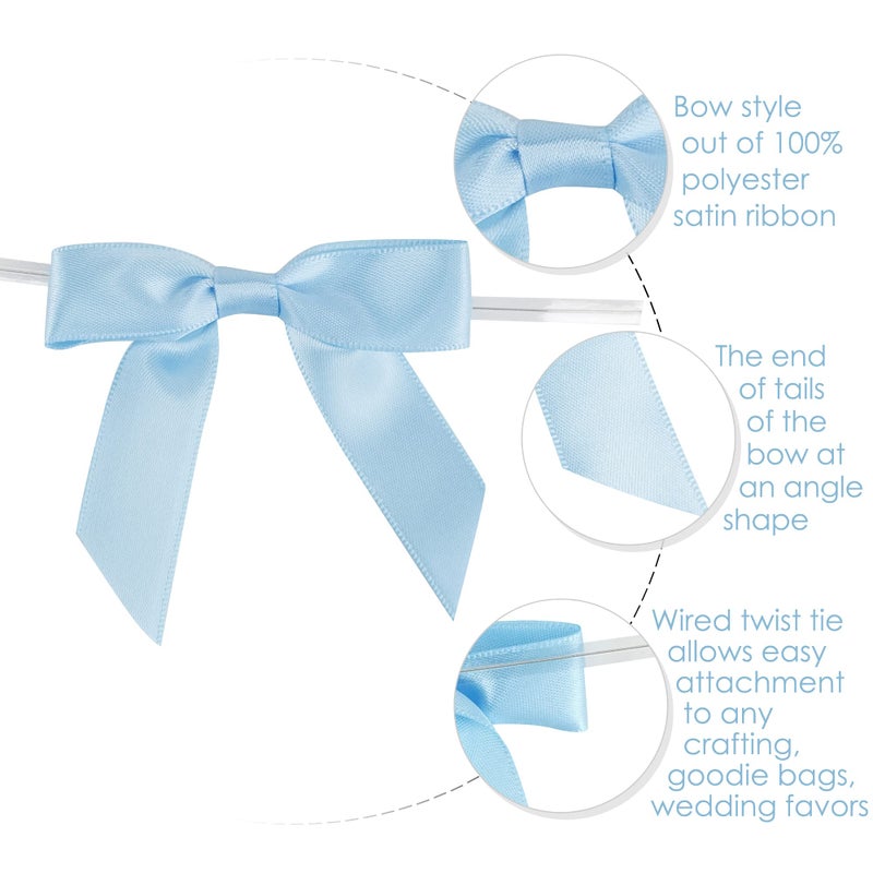 AIMUDI Light Blue Satin Ribbon Twist Tie Bows 2.5" Pretied Blue Bows for Baby Shower Premade Baby Blue Bows for Crafts Treat Bags Cake Pop Gift Wrapping Wedding Party Favors Goodie Bags - 50 Counts - Image 4