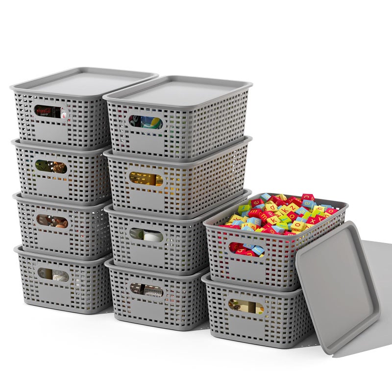 ORGIDOL Plastic Storage Basket with Lids 10 Pack Stackable Storage Bins Containers with Lid, Decorative Storage Boxes for Organizing Shelves, Drawers, Playroom, Classroom, Office, Closet, Grey - Image 1