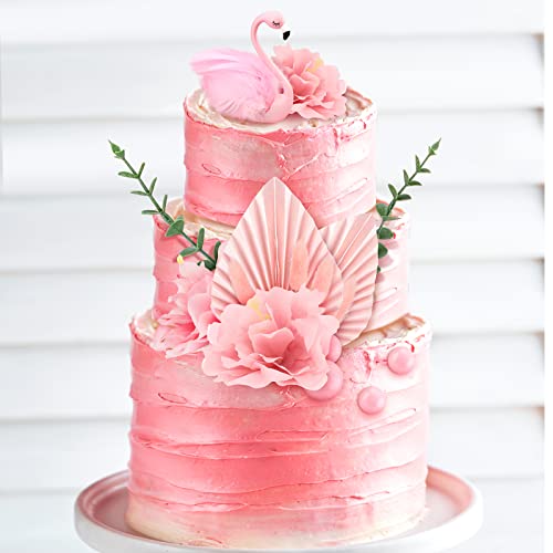 Cindeer 18 Pcs Big Flamingo Flower Pink Women Cake Toppers Flamingo Birthday Cake Decoration Include Pink Feather Balls Hibiscus Palm Leaves Eucalyptus Leaves for Tropical Hawaiian Luau Themed Party - Image 5