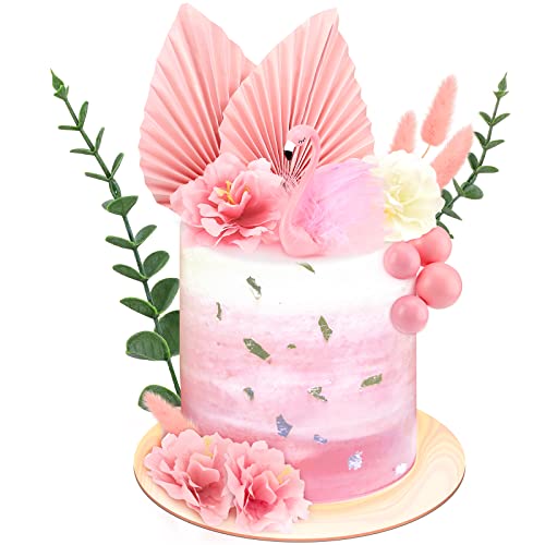 Cindeer 18 Pcs Big Flamingo Flower Pink Women Cake Toppers Flamingo Birthday Cake Decoration Include Pink Feather Balls Hibiscus Palm Leaves Eucalyptus Leaves for Tropical Hawaiian Luau Themed Party - Image 1