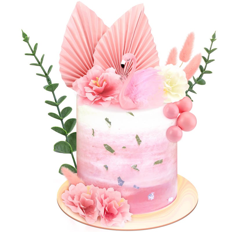 Cindeer 18 Pcs Big Flamingo Flower Pink Women Cake Toppers Flamingo Birthday Cake Decoration Include Pink Feather Balls Hibiscus Palm Leaves Eucalyptus Leaves for Tropical Hawaiian Luau Themed Party - Image 3