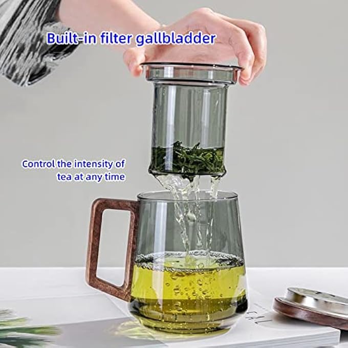 POSICHE كوب شاي للمكتب، فصل الشاي عن الماء، كوب شاي خفيف، مقبض خشبي فاخر، زجاج عالي البورسليكات، كوب ثلاثي القطع، زجاج رمادي دخاني، كوب شاي أخضر، موقد سيراميك كهربائي أنيق للتدفئة، سعة 525 مل - Image 4