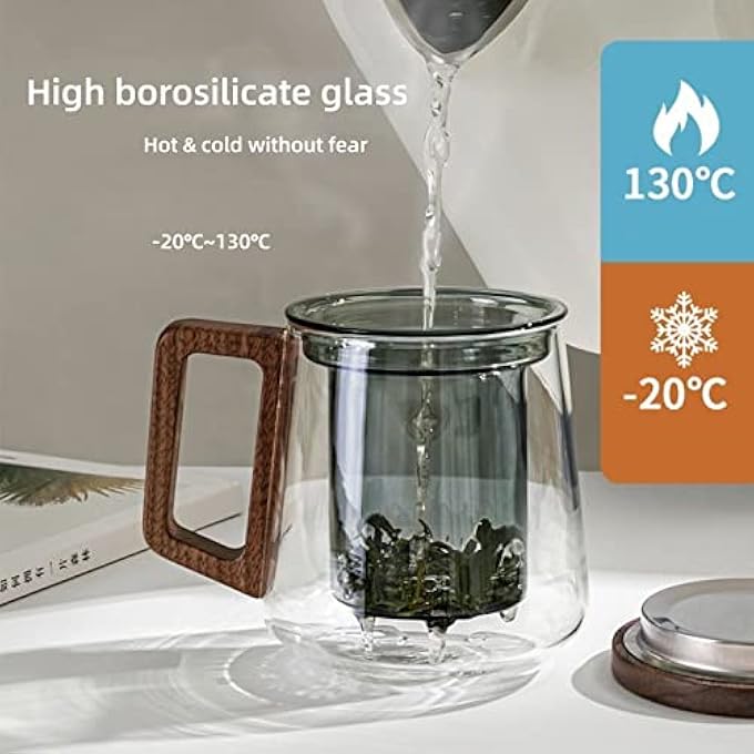 POSICHE كوب شاي للمكتب، فصل الشاي عن الماء، كوب شاي خفيف، مقبض خشبي فاخر، زجاج عالي البورسليكات، كوب ثلاثي القطع، زجاج رمادي دخاني، كوب شاي أخضر، موقد سيراميك كهربائي أنيق للتدفئة، سعة 525 مل - Image 5