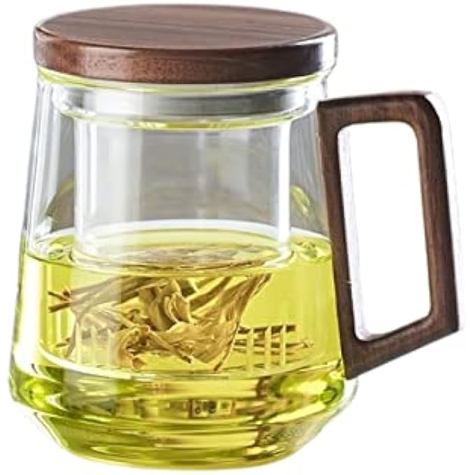 POSICHE كوب شاي للمكتب، فصل الشاي عن الماء، كوب شاي خفيف، مقبض خشبي فاخر، زجاج عالي البورسليكات، كوب ثلاثي القطع، زجاج رمادي دخاني، كوب شاي أخضر، موقد سيراميك كهربائي أنيق للتدفئة، سعة 525 مل - Image 1