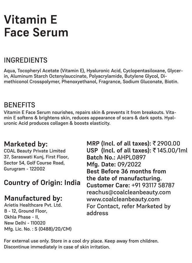 COAL CLEAN BEAUTY Vitamin E Face Serum ; Vitamin E Hyaluronic Acid Cyclopentasiloxane Butylene Glycol & Dimethiconol Crosspolymer ; Nourishes Reduces Dark Spots & Prevents Skin From Breakouts ; Women ; All Skin Types - Image 3