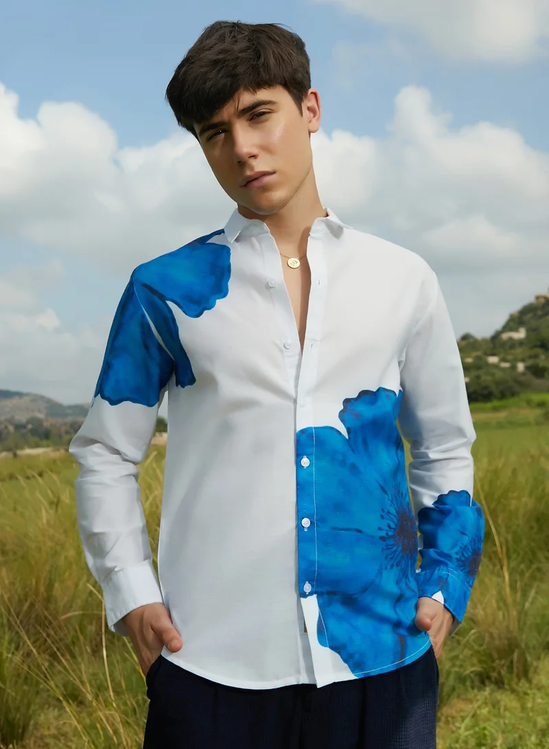 Campus Sutra Men's Royal Blue Primrose Flora Shirt For Casual Wear | Spread Collar | Long Cuffed Sleeves | Button Closure | Shirt Crafted With Comfort Fit For Everyday Wear