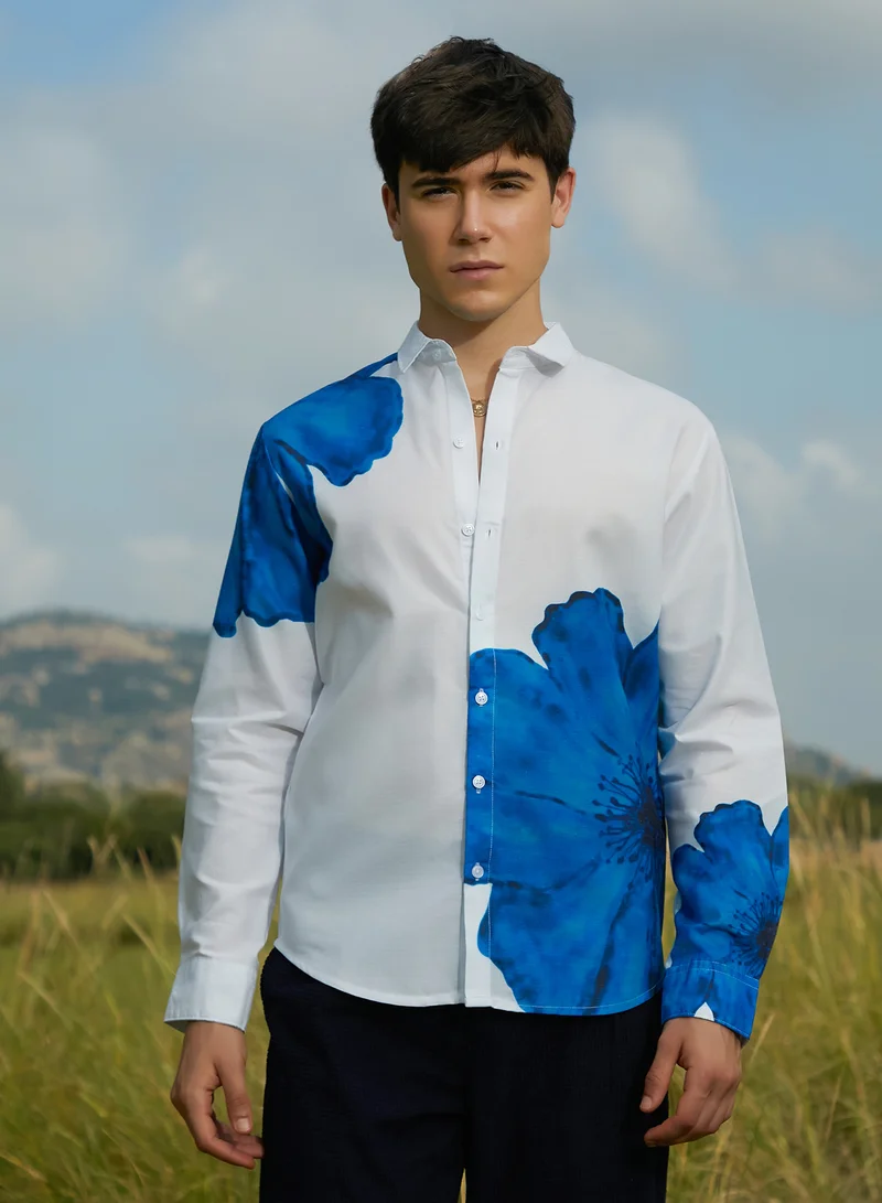 Campus Sutra Men's Royal Blue Primrose Flora Shirt For Casual Wear | Spread Collar | Long Cuffed Sleeves | Button Closure | Shirt Crafted With Comfort Fit For Everyday Wear