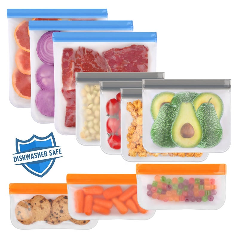 Lerine 10 Pack Dishwasher Safe Reusable Bags, Leakproof Reusable Freezer Bags, BPA Free Food Storage Bags for Marinate Food Travel - 3 Gallon 4 Sandwich 3 Snack - Image 1