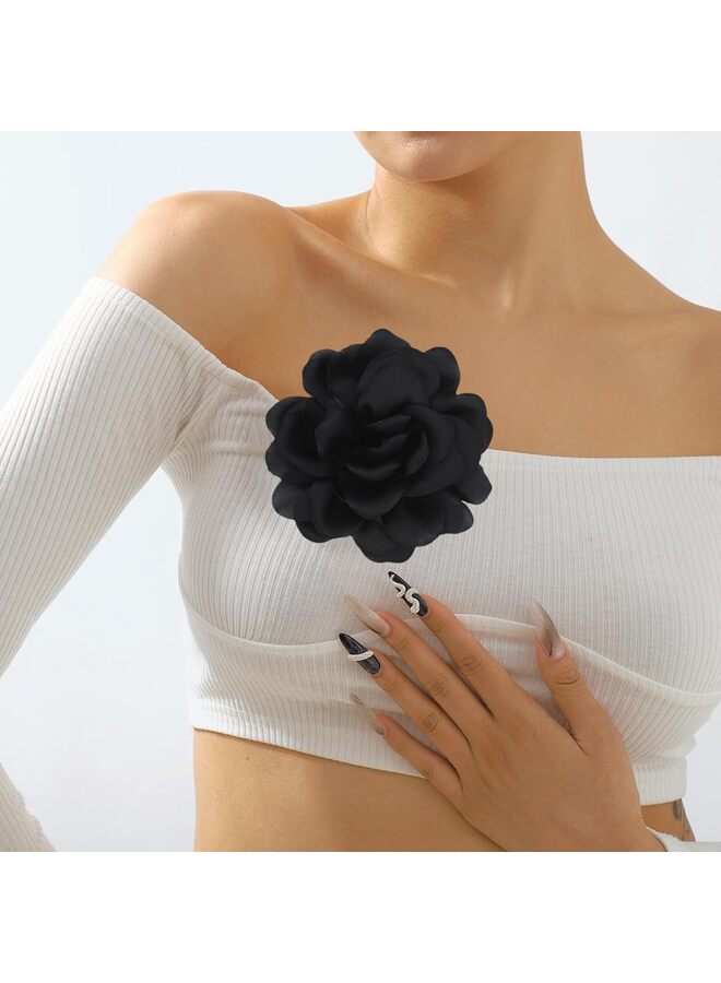 Satin Fabric Rose Flower Brooches - Handmade Floral Accessory for Wedding Party Dance Banquet Ceremony - Size: 4.72in(Black) - Image 3