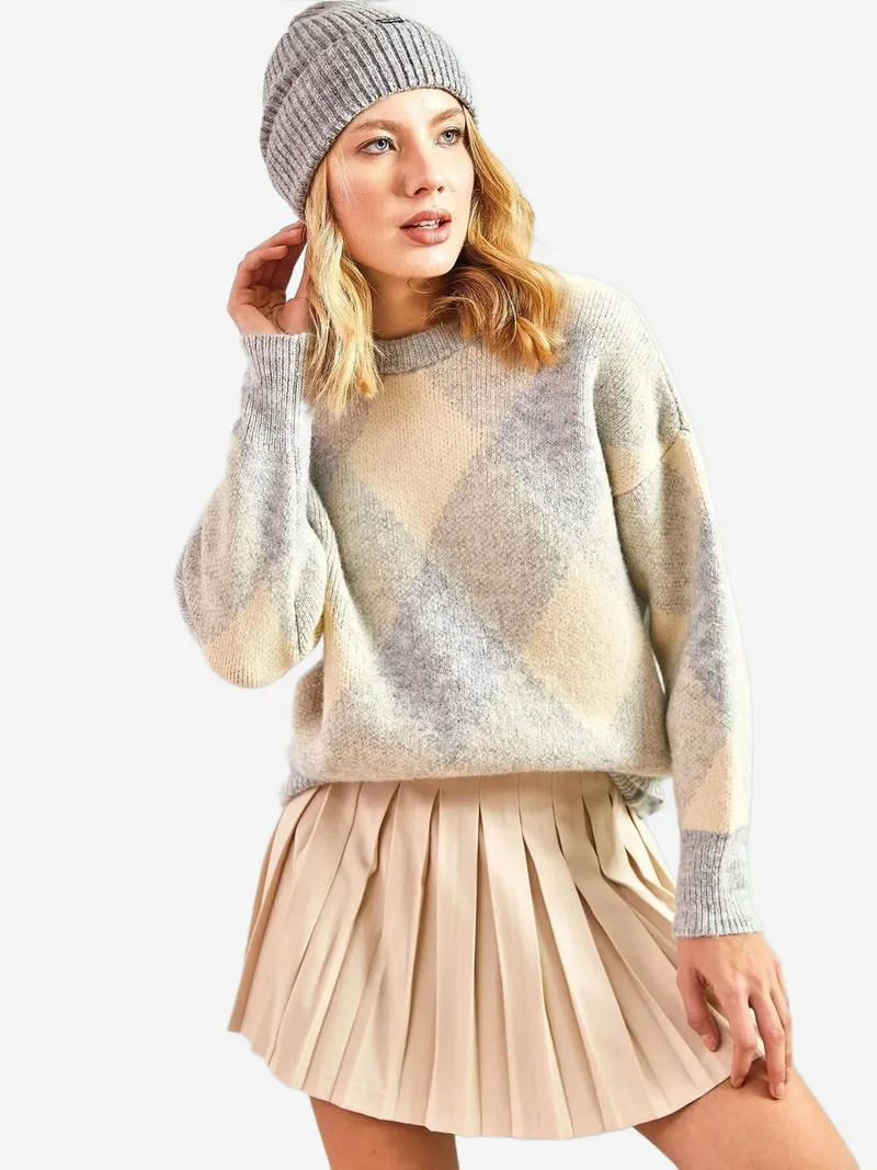 Bianco Lucci Grey LUCCI Geometric Ribbed Crew Neck Sweater for Women | Best Price UAE