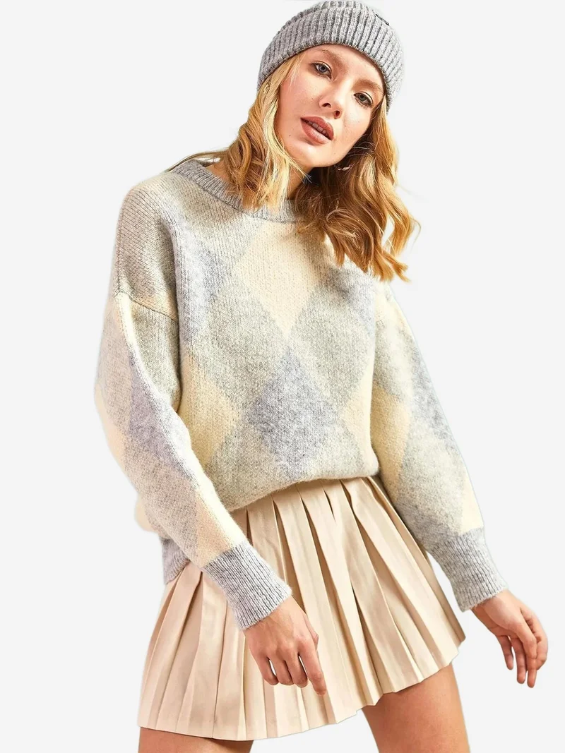 Bianco Lucci Grey LUCCI Geometric Ribbed Crew Neck Sweater for Women | Best Price UAE