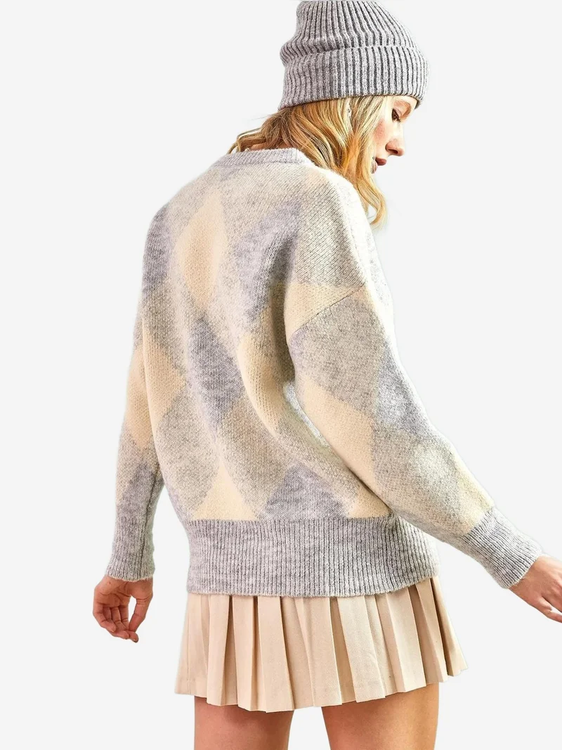 Bianco Lucci Grey LUCCI Geometric Ribbed Crew Neck Sweater for Women | Best Price UAE