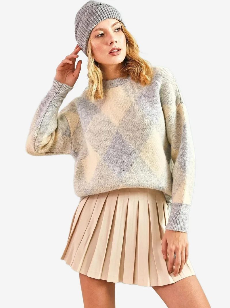 Bianco Lucci Grey LUCCI Geometric Ribbed Crew Neck Sweater for Women | Best Price UAE