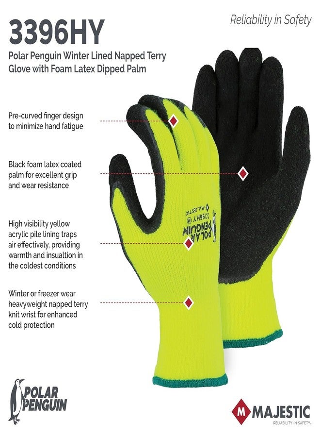Majestic Polar Penguin Winter Lined Napped Terry Glove with Foam Latex Dipped Palm | 1 Dozen - XL | ANSI A2, Heavyweight Glove, Hiviz Yellow/Black | for Automotive, Industrial, Manufacturing | 3396HY - Image 4