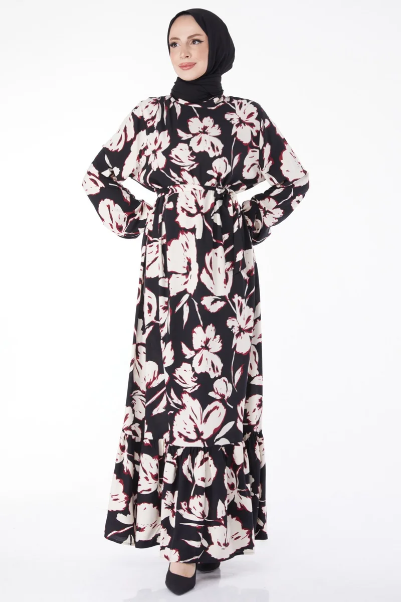 Tofisa Plain Judge Collar Women's Burgundy Belted Patterned Dress - 24894