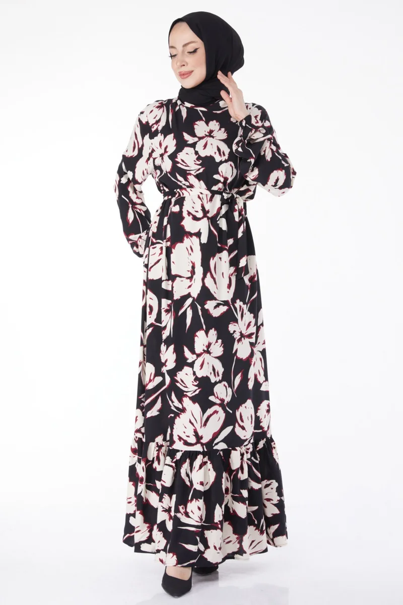 Tofisa Plain Judge Collar Women's Burgundy Belted Patterned Dress - 24894
