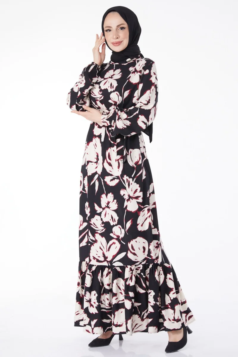 Tofisa Plain Judge Collar Women's Burgundy Belted Patterned Dress - 24894