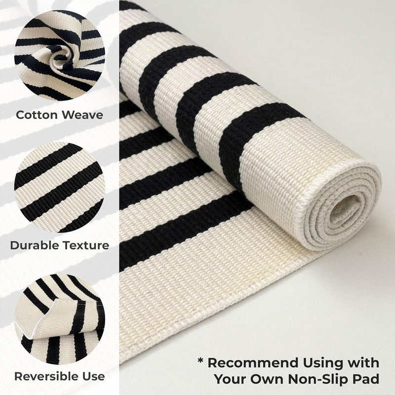 KOZYFLY Black and Beige Striped Porch Rug 27.5x43 Inches Area Rug Washable Outdoor Doormat Front Door Mat Cotton Striped Indoor Outdoor Rug for Front Door Kitchen Entryway Patio Porch - Image 4