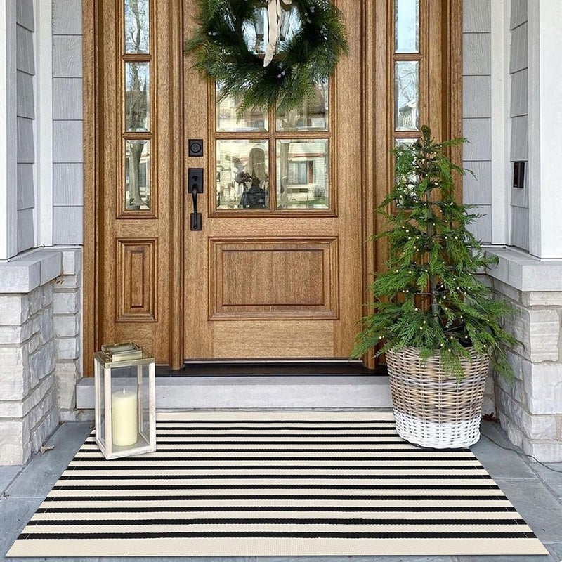 KOZYFLY Black and Beige Striped Porch Rug 27.5x43 Inches Area Rug Washable Outdoor Doormat Front Door Mat Cotton Striped Indoor Outdoor Rug for Front Door Kitchen Entryway Patio Porch - Image 1