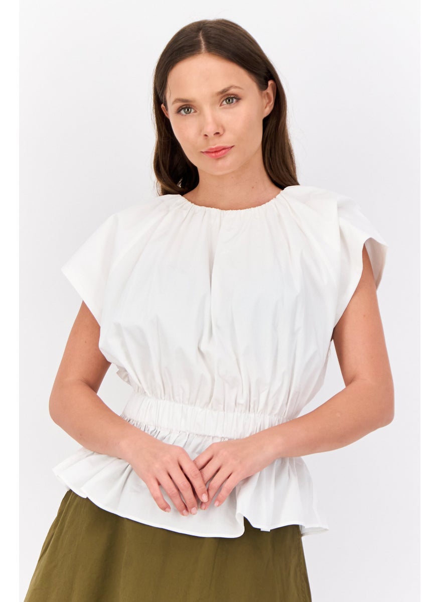 ESPRIT Women Ruffle Neck Cap Sleeve Ribbed Top, Off White  - Image 1