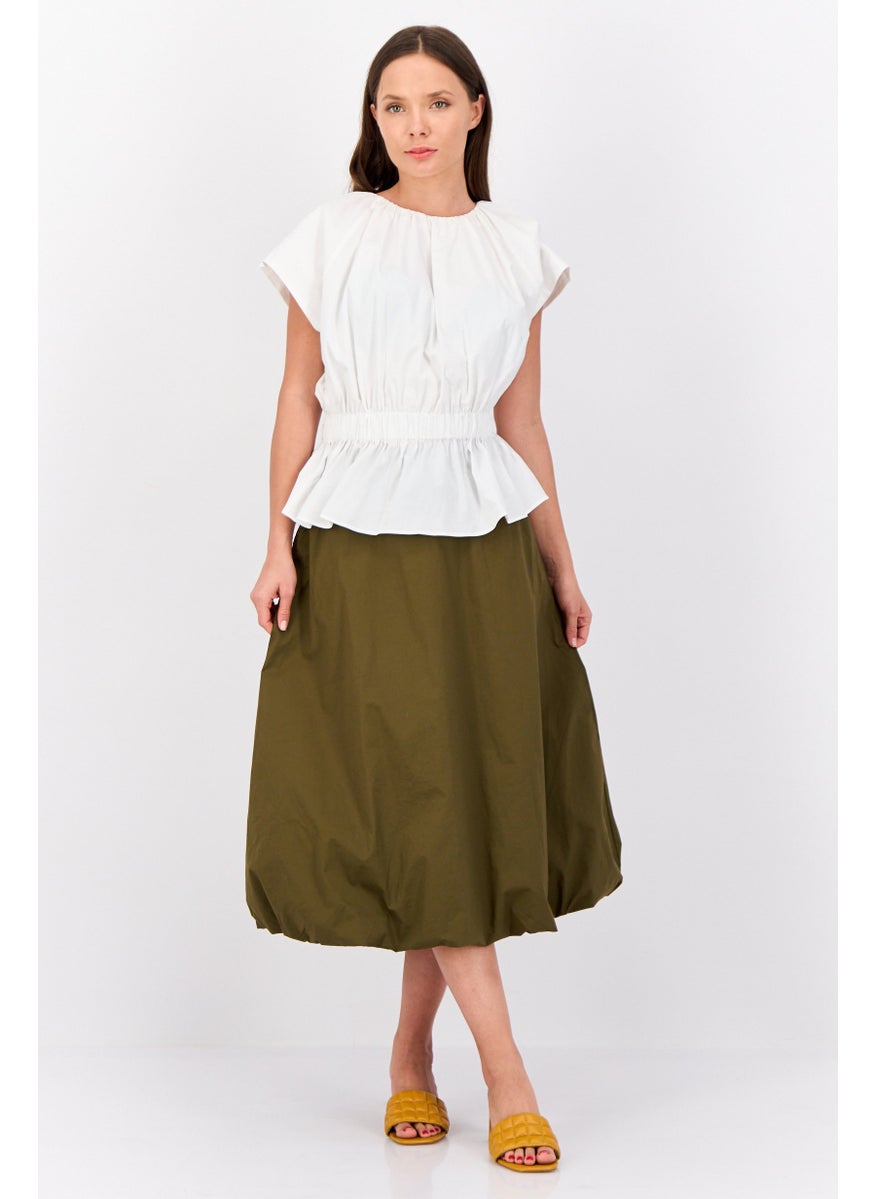 ESPRIT Women Ruffle Neck Cap Sleeve Ribbed Top, Off White  - Image 4