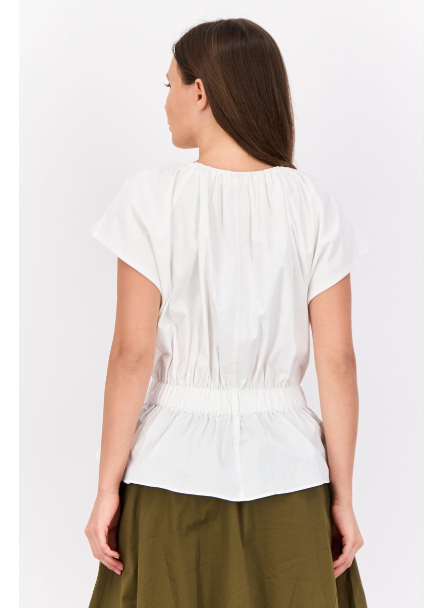 ESPRIT Women Ruffle Neck Cap Sleeve Ribbed Top, Off White  - Image 2