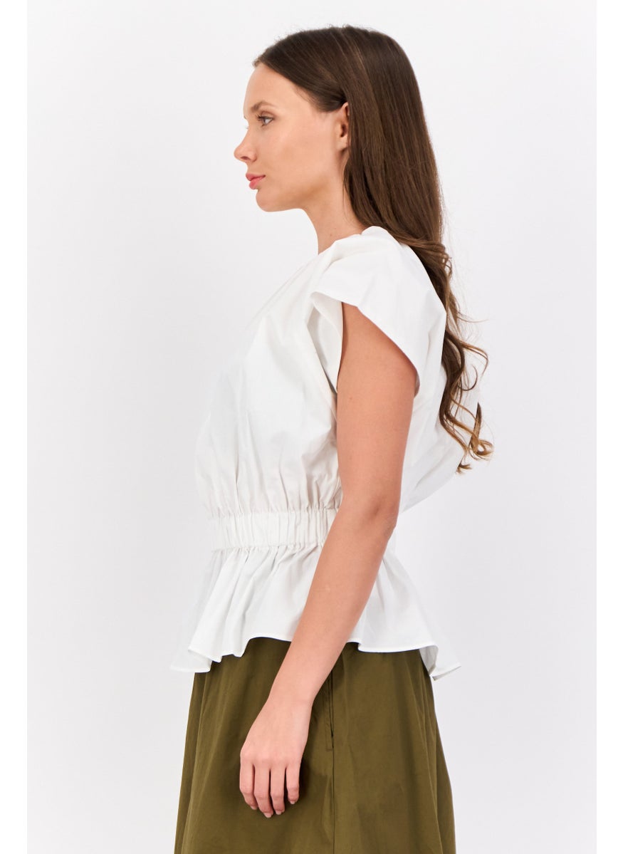 ESPRIT Women Ruffle Neck Cap Sleeve Ribbed Top, Off White  - Image 3