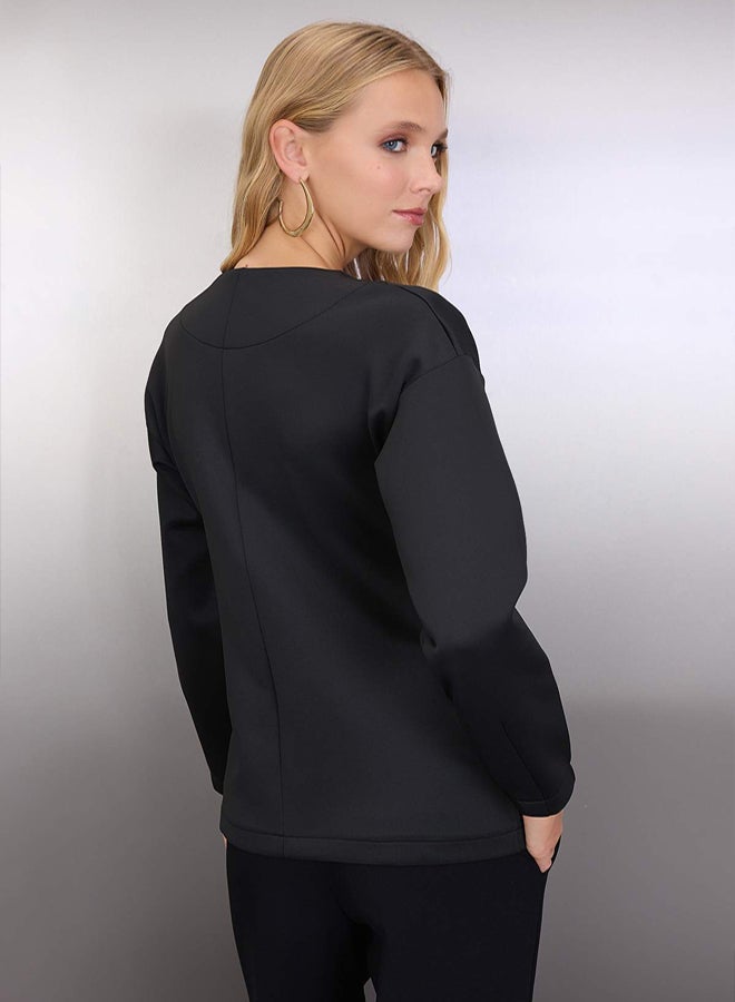 trendyol Black Regular/Normal Fit Double Breasted Closure Scuba Stretchy Thick Knitted Jacket - Image 4