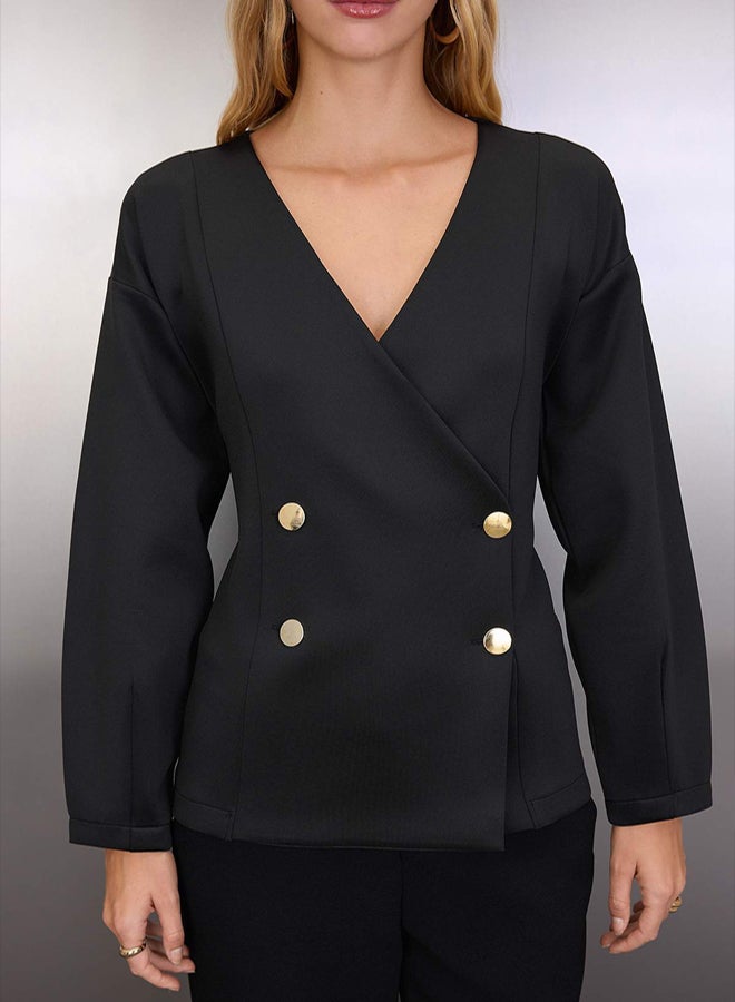 trendyol Black Regular/Normal Fit Double Breasted Closure Scuba Stretchy Thick Knitted Jacket - Image 3