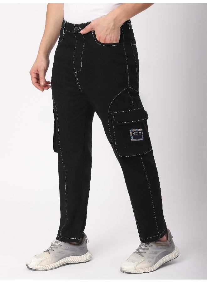بيونغ بنطلون كارغو أسود بخياطة متباينة - Image 5