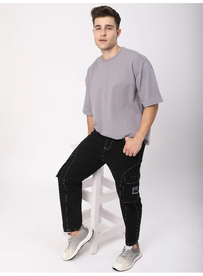 بيونغ بنطلون كارغو أسود بخياطة متباينة