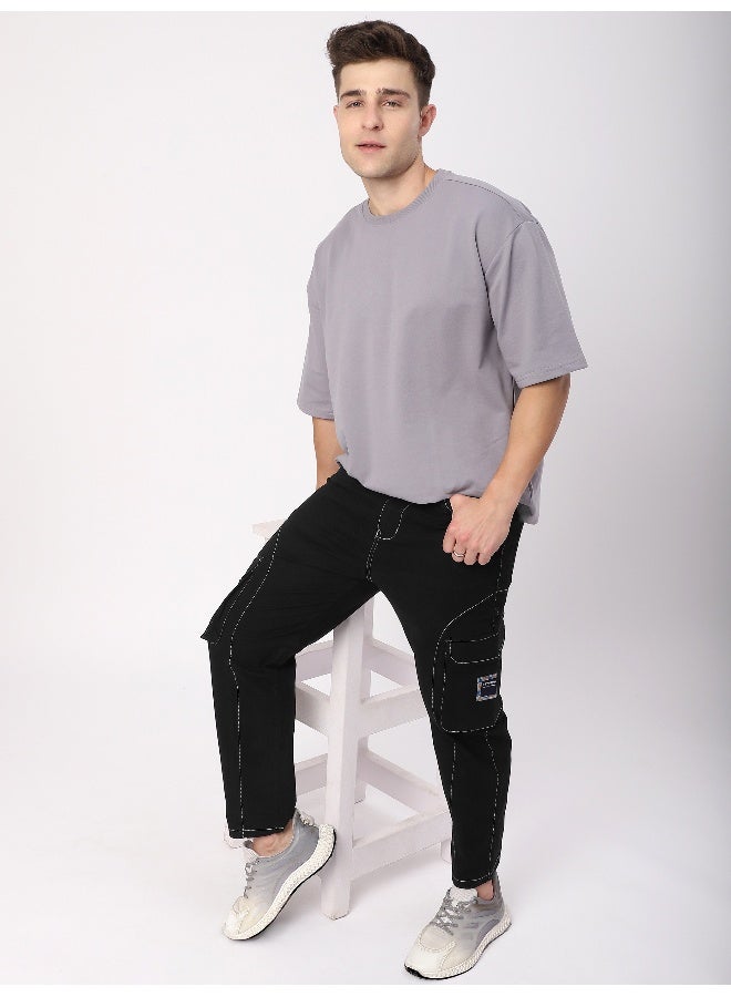 بيونغ بنطلون كارغو أسود بخياطة متباينة - Image 1