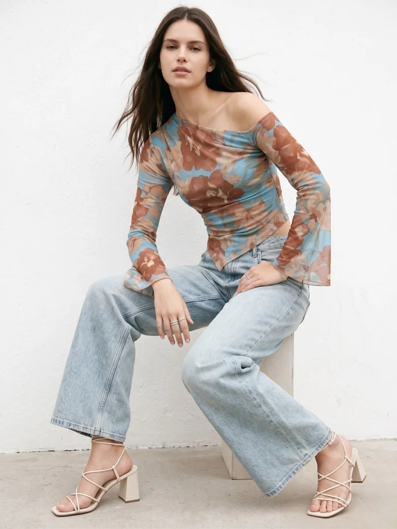 Outzidr  Blue Off-Shoulder Asymmetric Hem Printed Mesh Top for Women | Best Price UAE