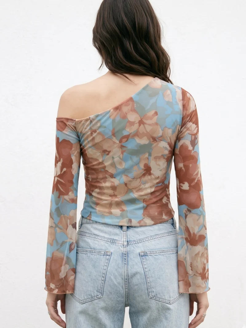 Outzidr  Blue Off-Shoulder Asymmetric Hem Printed Mesh Top for Women | Best Price UAE