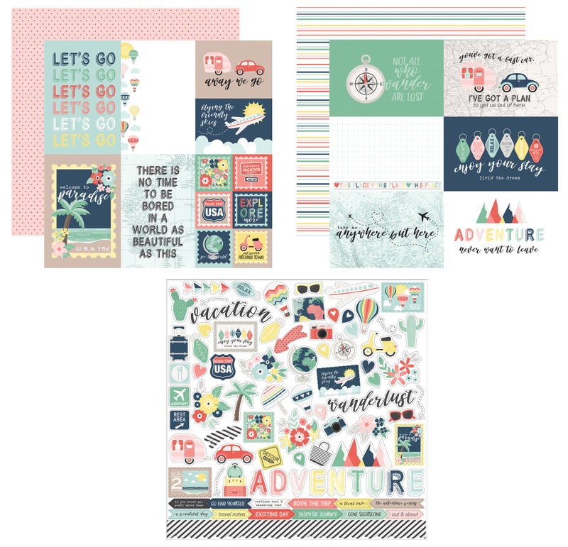 Trendzeen 12x12 Travel Scrapbook Paper - Aesthetic Scrapbook Paper Travel Theme Cardstock, Cute Travel Stickers for Scrapbooking, Journal, Album, Planner - Decorative Travel Scrapbook Supplies Kit - 3 Items - Image 1