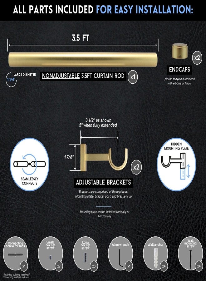 BlastHome Signature Collection Curtain Rod Set - Connectable for Seamless Look - Premium Heavy Metal 1 1/4" Diameter Rod with Zinc Brackets & Endcaps - Brushed Gold Finish - 3.5 ft - Image 5